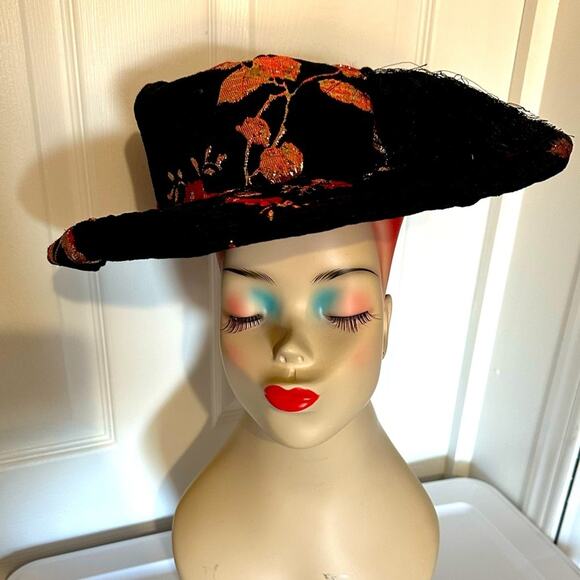 Unique Vintage Hat Black Red floral tassel - Picture 3 of 10